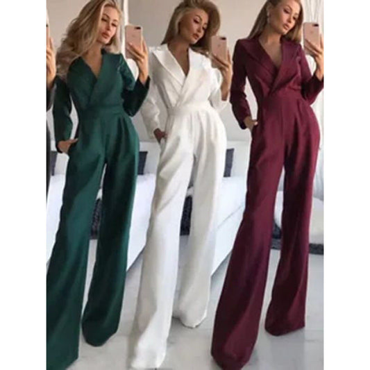 Women's elegant jumpsuit with long legs and classic mock collar NOVAE