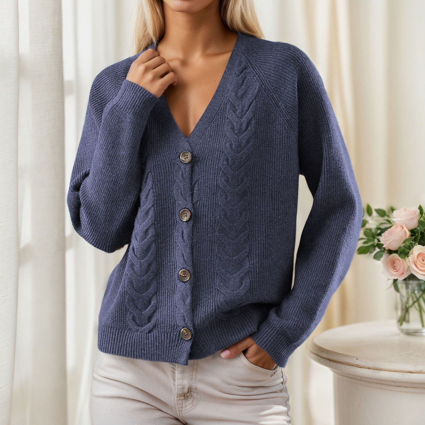 Women's cardigan with V-neck and trendy cable knit pattern NOVAE