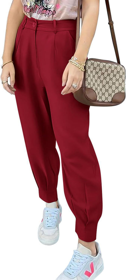 Women's elegant and fashionable high-waisted trousers with pleats and side pockets NOVAE