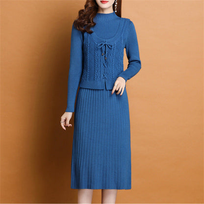 Women's elegant knit dress with high neckline and decorative cable design NOVAE