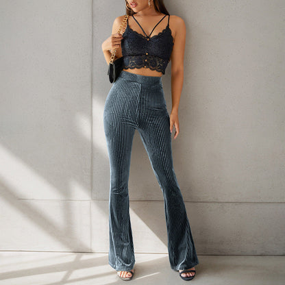 Women's elegant flared trousers in velvety material with a fine striped pattern NOVAE