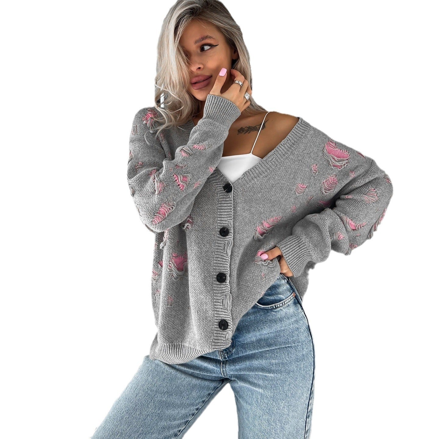 Women's oversized cardigan with floral design and relaxed fit NOVAE