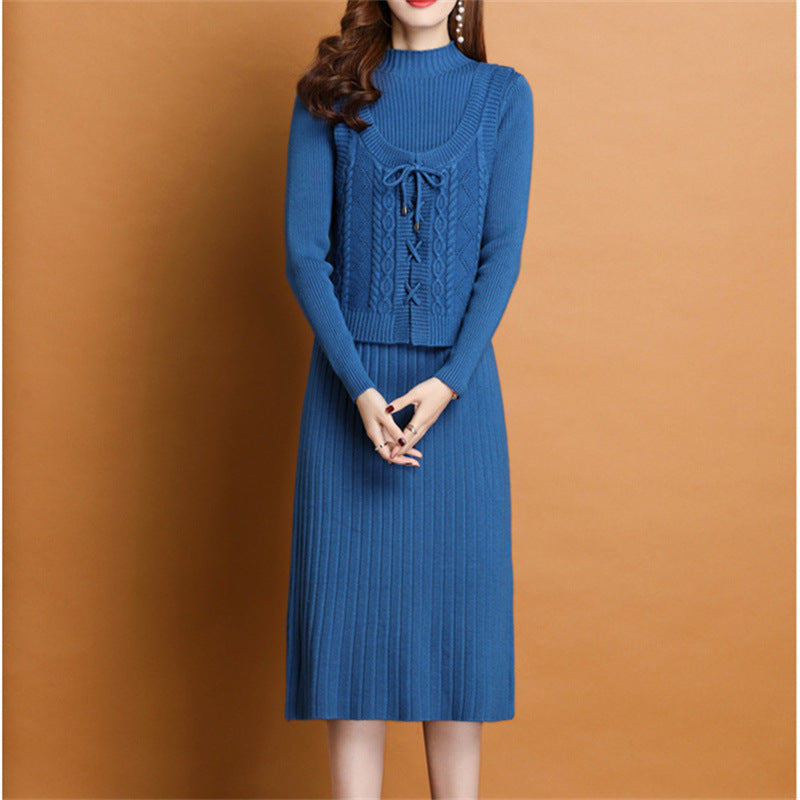 Women's elegant knit dress with high neckline and decorative cable design NOVAE