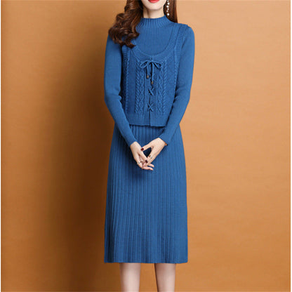 Women's elegant knit dress with high neckline and decorative cable design NOVAE
