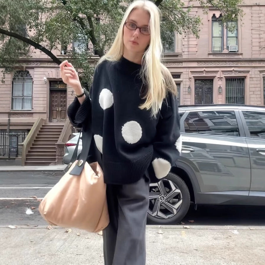 Women's knitted oversized sweater with striking polka dot pattern NOVAE