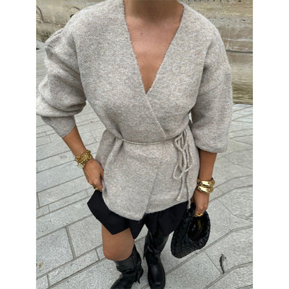 Women's elegant wrap knit coat with belt NOVAE