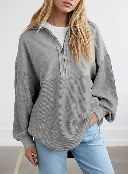 Women's casual hooded sweatshirt with half-length zipper and textured material NOVAE