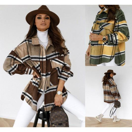 Women's Oversized Flannel Jacket with Check Pattern and Pockets NOVAE