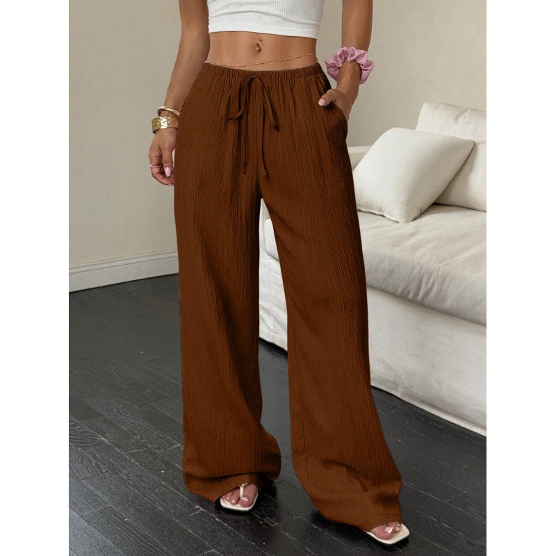 Women's casual and wide-legged leisure trousers with elasticated waistband and tie belt NOVAE