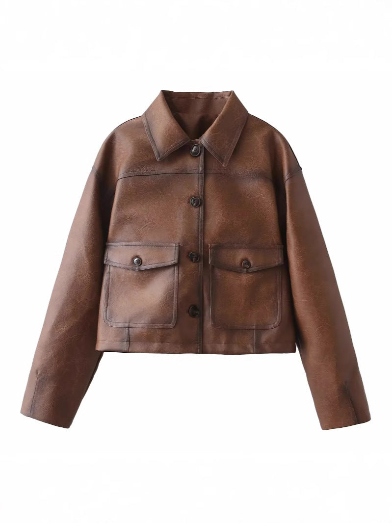 Women's cropped leather jacket with practical chest pockets and button details NOVAE