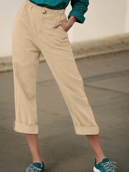 Women's Elegant Linen Trousers with Wide Leg and Turn-Up Hem NOVAE