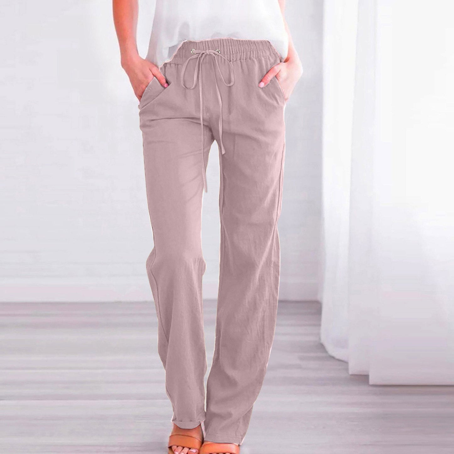 Women's Comfortable Linen Trousers with Elastic Waistband and Pockets NOVAE