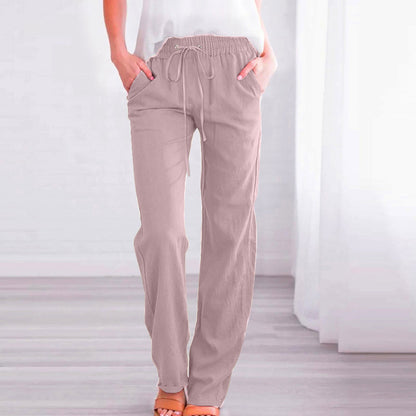 Women's Comfortable Linen Trousers with Elastic Waistband and Pockets NOVAE