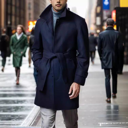 Men's fashionable wool trench coat with tie belt and large pockets NOVAE
