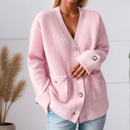 Women's chunky knit cardigan with practical pockets and elegant button details NOVAE