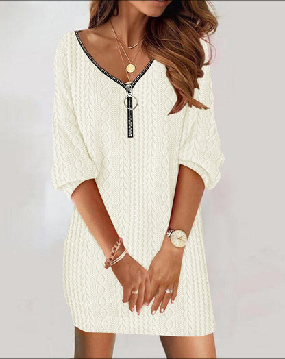 Women's knitted dress with V-neck and zipper detail NOVAE