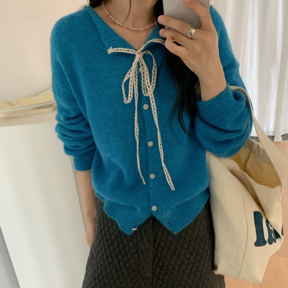 Women's casual knit cardigan with drawstring and fine texture NOVAE