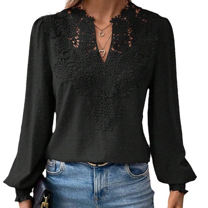 Women's blouse with embroidered V-neck and long sleeves NOVAE