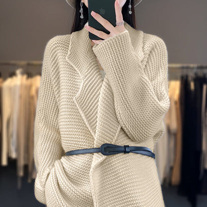 Women's chunky knit cardigan with elegant lapels and waist belt NOVAE