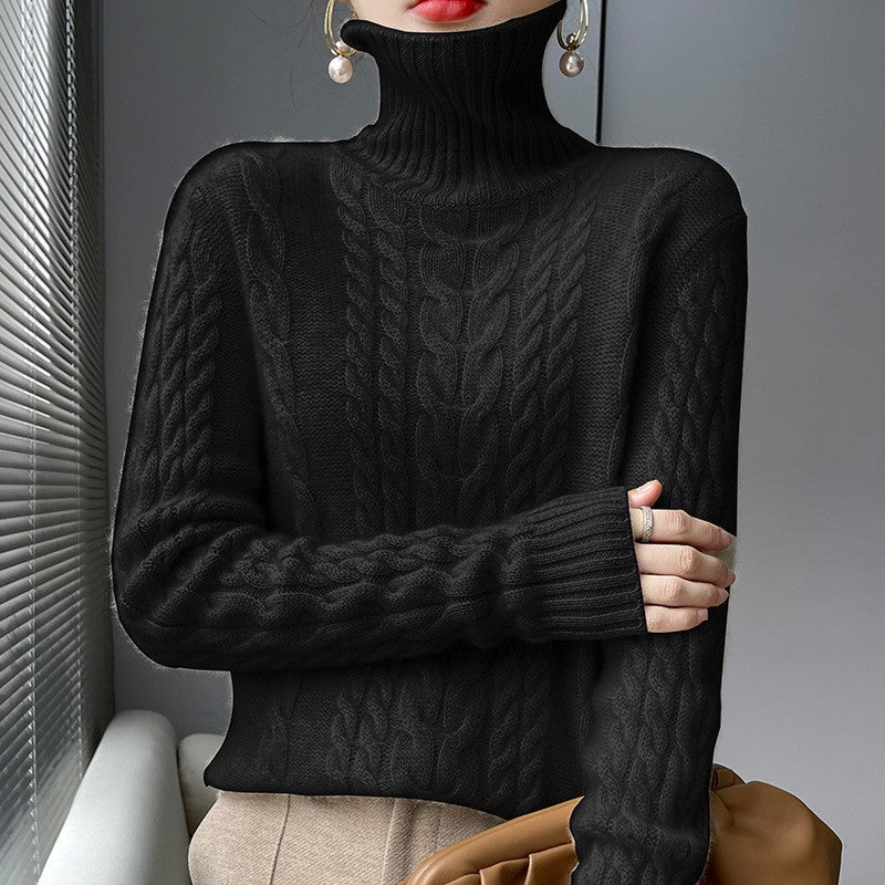 Women's chunky knit sweater with high collar and textured cable pattern NOVAE