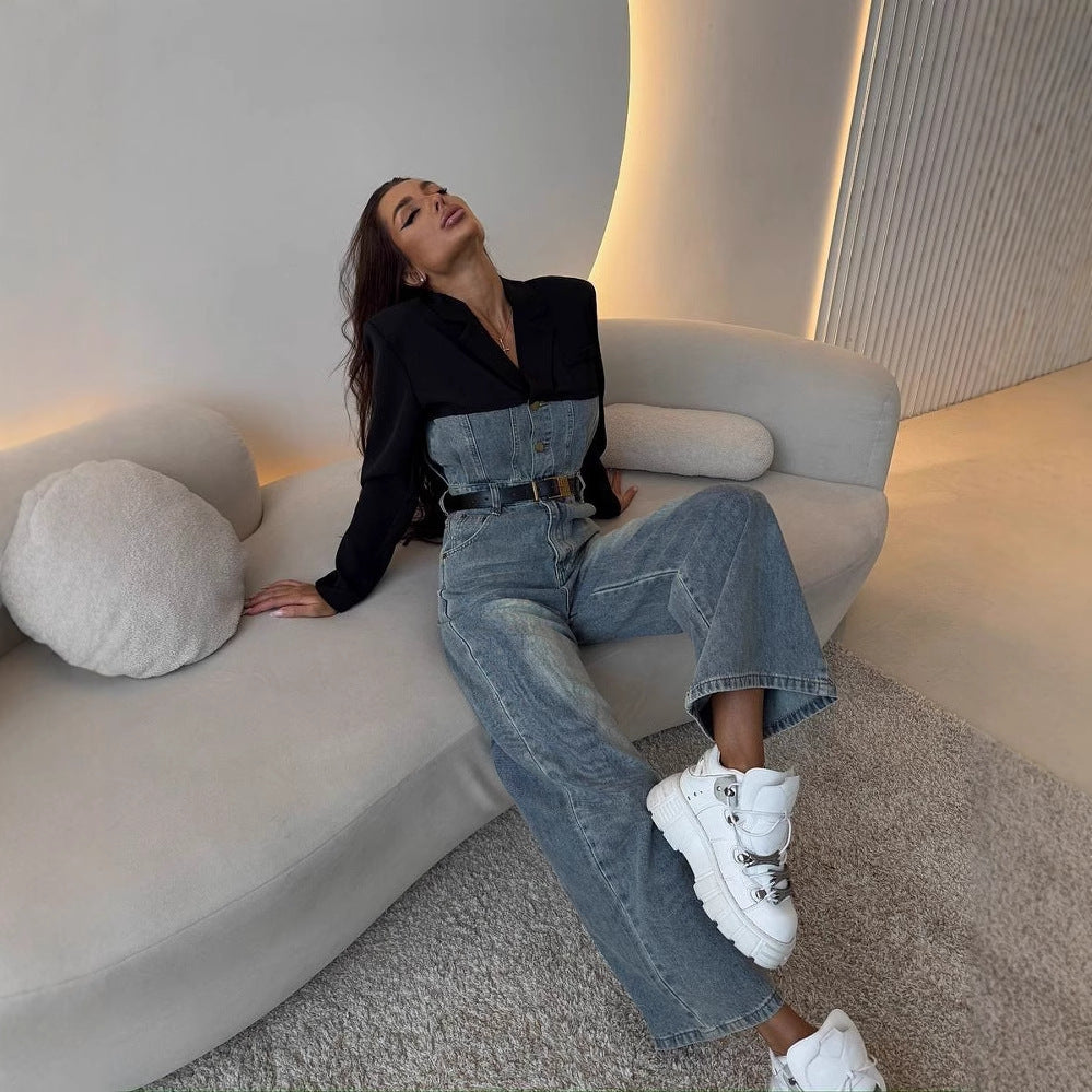 Women's denim jumpsuit with contrasting top and wide leg NOVAE