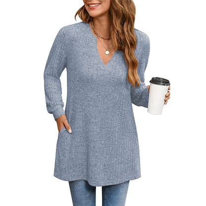 Women's Loose Knit Tunic with Side Pockets and V-Neck NOVAE
