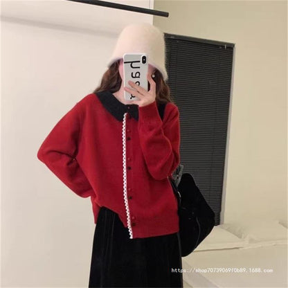 Women's Elegant Knit Cardigan with Stand-Up Collar and Button Detail NOVAE