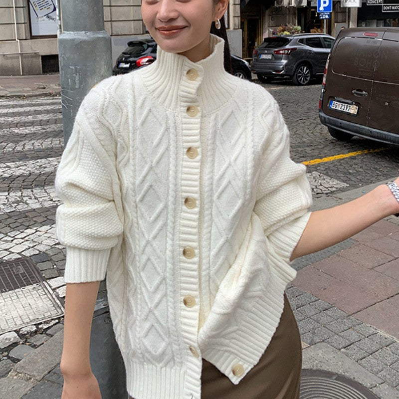 Women's cardigan with high collar and textured surface NOVAE