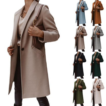Women's elegant long coat made of a high-quality wool blend with classic lapels NOVAE