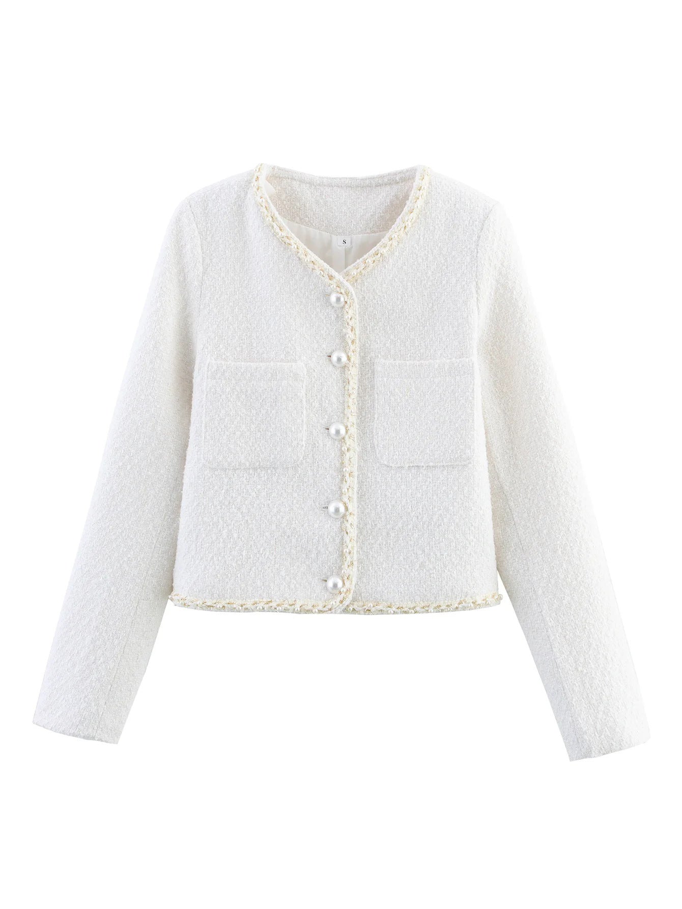Women's elegant short-sleeved pullover jacket with pearl-decorated buttons and patch pockets NOVAE