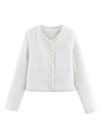 Women's elegant short-sleeved pullover jacket with pearl-decorated buttons and patch pockets NOVAE