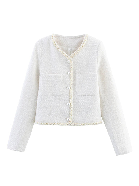 Women's elegant short-sleeved pullover jacket with pearl-decorated buttons and patch pockets NOVAE