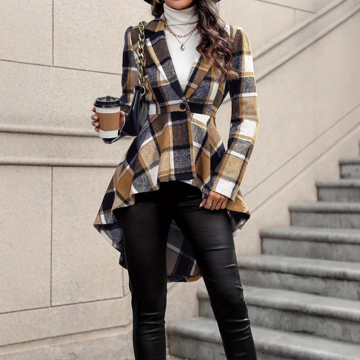 Women's elegant and flowing checked jacket with asymmetrical hem NOVAE