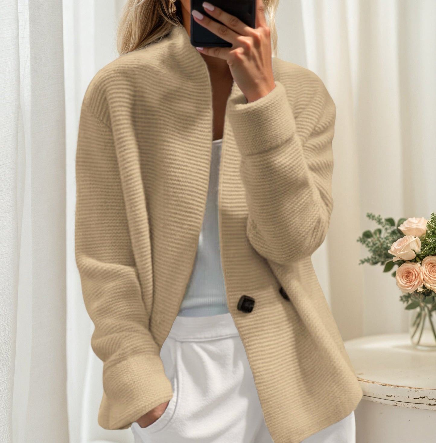 Women's cardigan with high collar and stylish button closure NOVAE