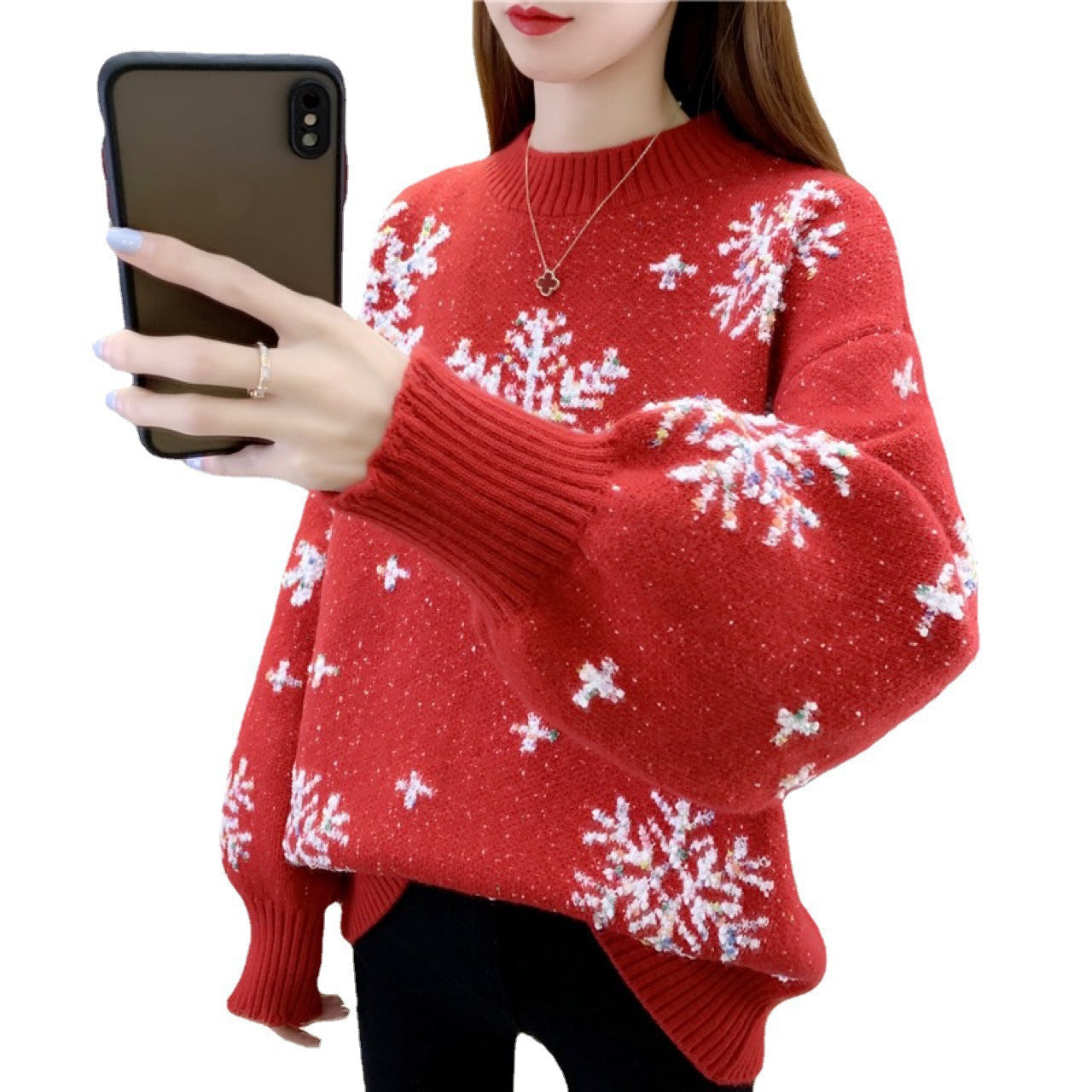 Women's knitted sweater with winter motif and puff sleeves NOVAE