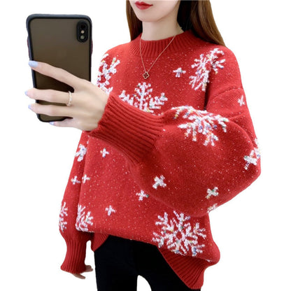 Women's knitted sweater with winter motif and puff sleeves NOVAE