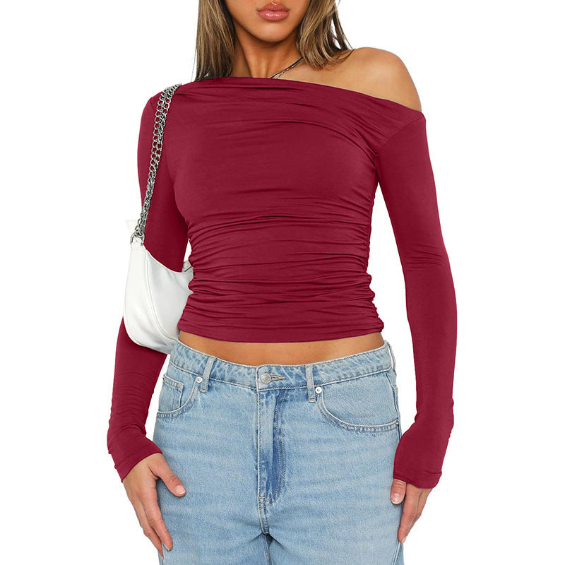 Women's fitted long-sleeved shirt with asymmetrical neckline and ruching NOVAE