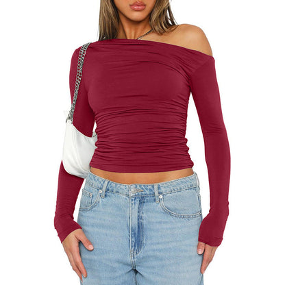 Women's fitted long-sleeved shirt with asymmetrical neckline and ruching NOVAE