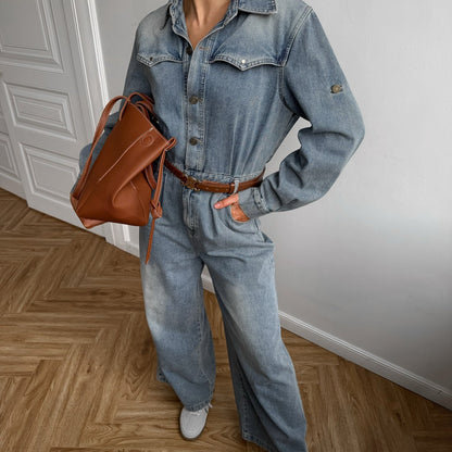 Women's denim jumpsuit with wide leg and fashionable collar NOVAE