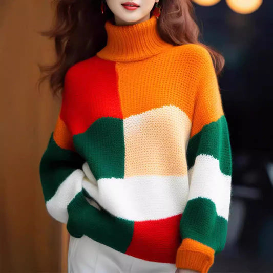 Women's chunky knit sweater with high collar and colorful color block design NOVAE