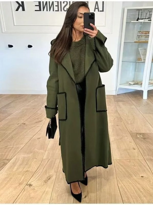 Women's elegant long coat with tie belt and contrasting piping NOVAE