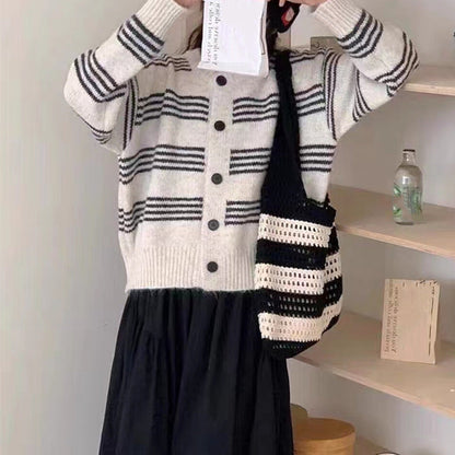 Women's fashionable cardigan with fine striped texture and decorative buttons NOVAE