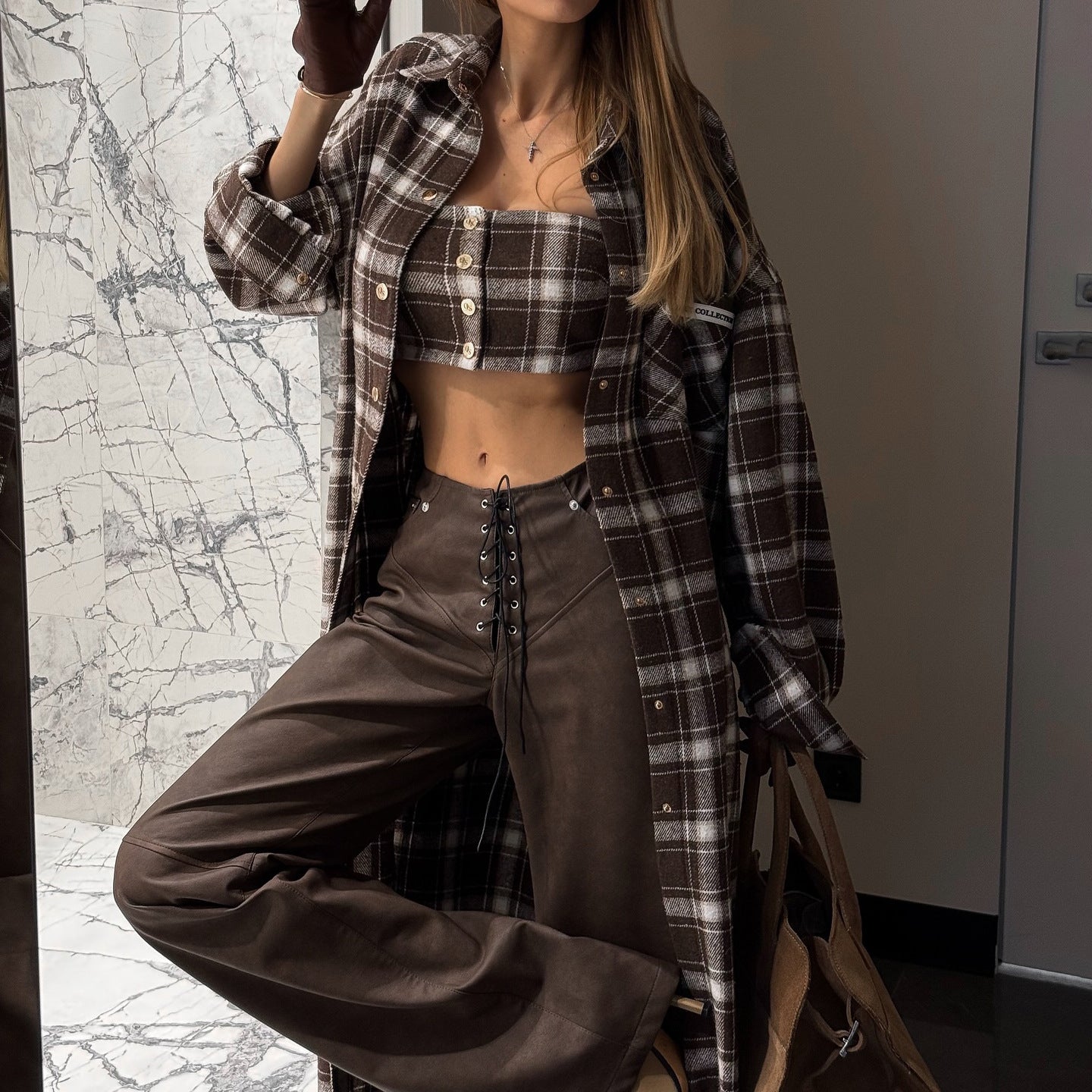 Women's Long Check Shirt Dress with Detachable Sleeves NOVAE