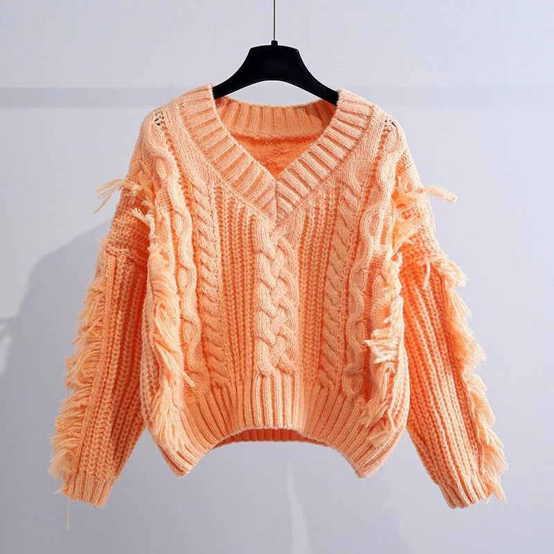 Women's Stylish Knit Sweater with Fringe and Cable Pattern NOVAE