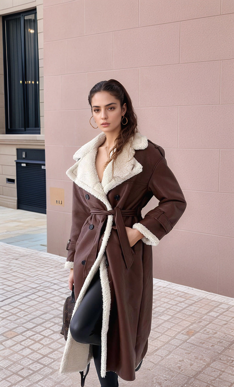 Women's Warm Extra-Long Coat with Faux Fur Collar NOVAE