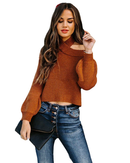 Women's cropped sweater with high collar and ribbed texture NOVAE