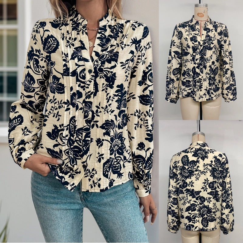 Women's blouse with floral motifs and elegant ruching NOVAE