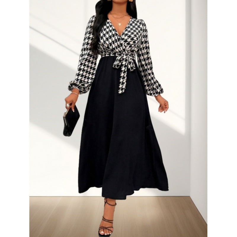 Women's maxi dress with crossover closure and elegant houndstooth pattern NOVAE