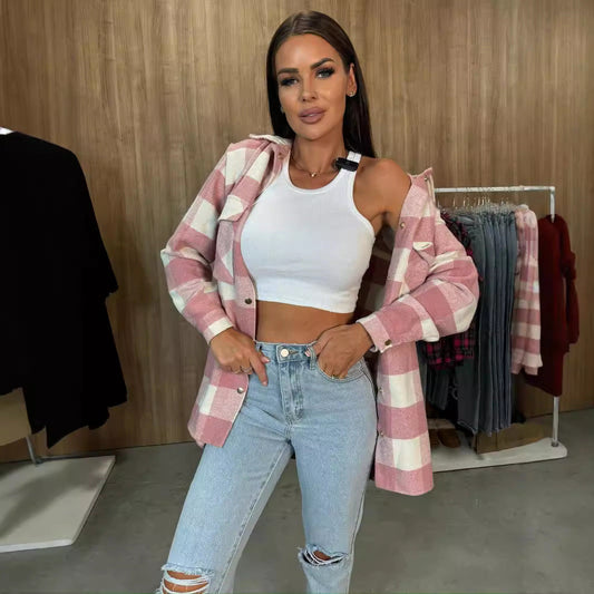 Women's Oversized Checkered Shirt Jacket with Button Details NOVAE