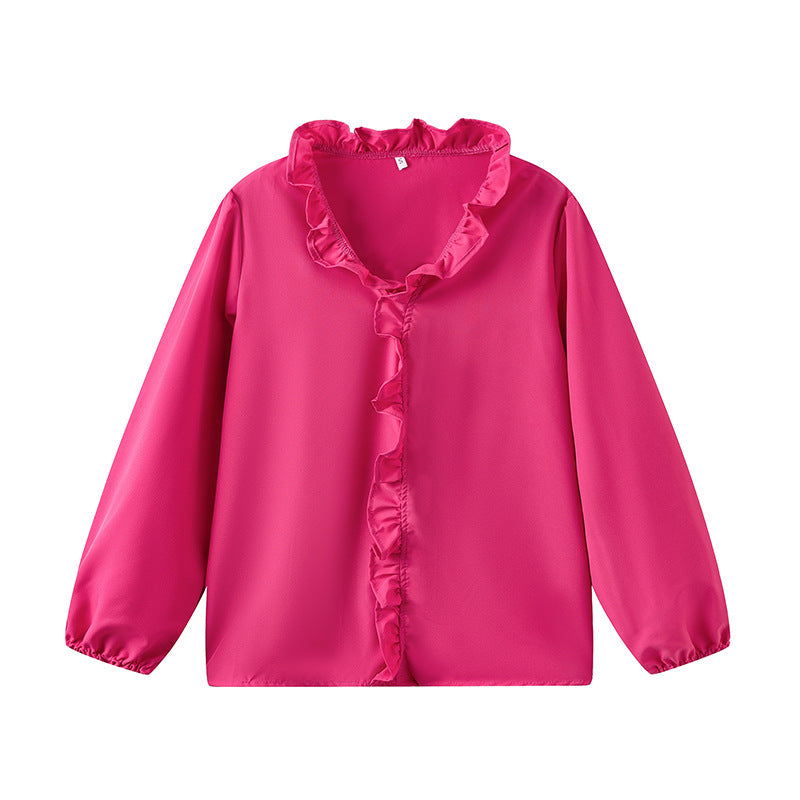 Women's blouse with ruffle details and elegant stand-up collar NOVAE